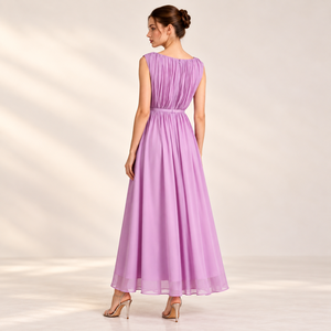 Abito lungo <span class=keywords><strong>da</strong></span> donna 2026 rosa lavanda senza maniche, scollo rotondo arricciato, con cintura in vita, linea fluida, effetto chiffon, per <span class=keywords><strong>invitata</strong></span> a <span class=keywords><strong>matrimonio</strong></span> - Product Image 3
