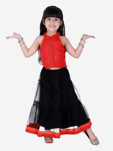 Conjunto Étnico Elegante para Niñas Twisha, Top Estilo Incut Combinado con Ghagra de Malla en Rojo y Negro (6 Meses a 14 Años) - Product Image 3