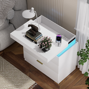 โต๊ะข้างเตียงทันสมัยพร้อมลิ้นชัก ไฟ LED และแท่นชาร์จ สำหรับห้องนอน - Product Image 4