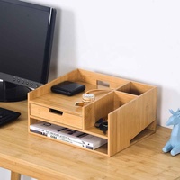 Organisateur de bureau multifonction en bambou avec tiroir pour papeterie et plateau à papier, idéal pour le salon, à un seul niveau