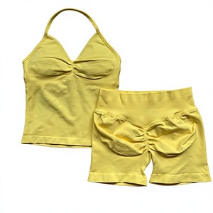 DF Hot <strong>Sale</strong> V-Neck Vest Shorts Set Solid Stretchy Breathable Wrinkle-Resistant Yoga Fitness Sports Suit for Women - Product Image 5