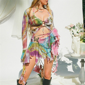 Vêtements pour femmes <span class=keywords><strong>DLS</strong></span>, nouvelle collection automne, jupe sexy à découpes et à lacets, manches bouffantes, imprimé doux - Product Image 1