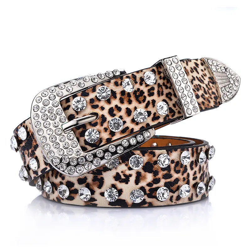 Cinturón de cuero con estampado de leopardo para mujer, cinturón de cuero con hebilla grande a la moda, con diamantes de imitación de cristal ostentosos