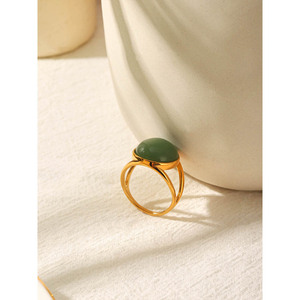 Anillo de acero inoxidable con piedra de aventurina verde natural, anillo de dedo de acero de titanio que combina con todo, no se decolora, joyería de moda. - Product Image 3