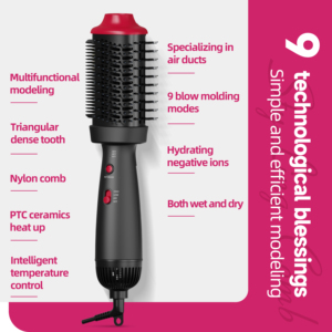 Rizador de Pelo Eléctrico, Cepillo Secador de Pelo de Cerámica de Doble Uso, Ajustes de Calor Regulables, 80W, Negro y Rojo, para el Hogar - Product Image 3