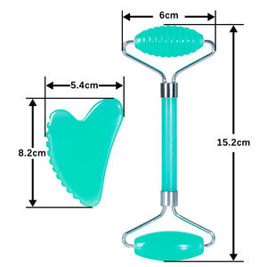 Venta al por mayor de resinas cabeza cuello SPA masajeador cuerpo <span class=keywords><strong>Guasha</strong></span> herramientas Jade masaje Facial rodillo y <span class=keywords><strong>Guasha</strong></span> conjunto verde Jade rodillo Gua Sha - Product Image 6