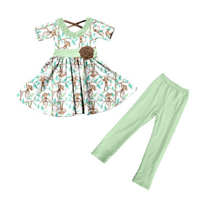 Ensemble 2 pièces en soie de lait pour petites filles, robe imprimée à manches courtes/longues avec pantalon uni, ensemble de vêtements à volants mignon pour enfants - Product Image 3