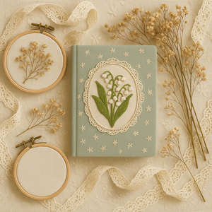 Carnet brodé Muguet A5 en tissu vert avec bordure en dentelle, motif floral vintage, idéal pour cadeau et écriture - Product Image 6