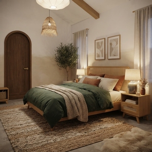 Ensemble de lit plateforme en bois massif avec tête de lit en rotin moderne, lit king-size, ensemble de meubles de chambre en bois - Product Image 5