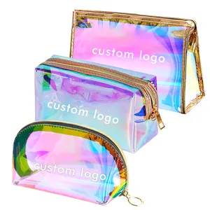 Bolsa de cosméticos holográfica con logotipo personalizado, bolsa de viaje de maquillaje, bolsa de artículos de tocador impermeable portátil, bolsa de cosméticos iridiscente