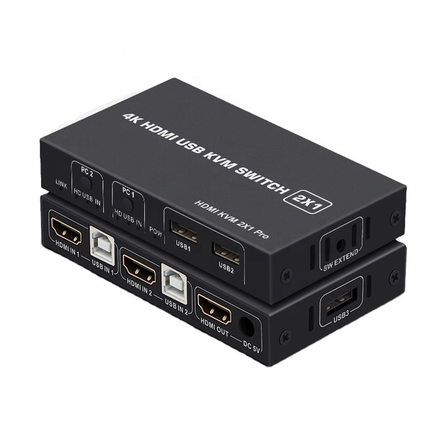 4K HDMI KVM Switch 2 in 1 Out 4K 30Hz HDMI USB KVM Switcher 2x1 for 2 PC Share Monitor Mouse Keyboard with Desktop Controller