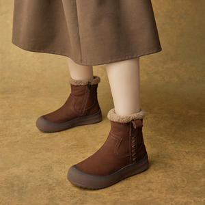 Botas Chukka para Mujer, con Cordones en el Tobillo, de Cuero Genuino, Forro de Felpa, Plataforma Corta, Botas de Nieve, Estilo Retro, para Todas las Temporadas - Product Image 3