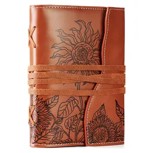 Unique journals for writing soft cover vintage notebook Brown Vegan Leather Bound Notebook-Refillable Embossed B6 Lined Diary