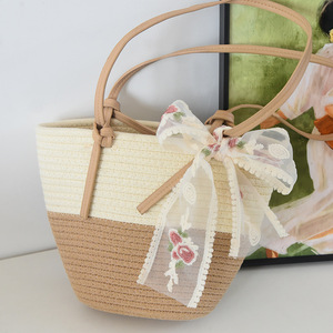Sac fourre-tout en paille tressée, sac à main de plage bohème décontracté pour femmes avec fleurs, ouverture supérieure, léger, grande capacité, deux poignées - Product Image 5