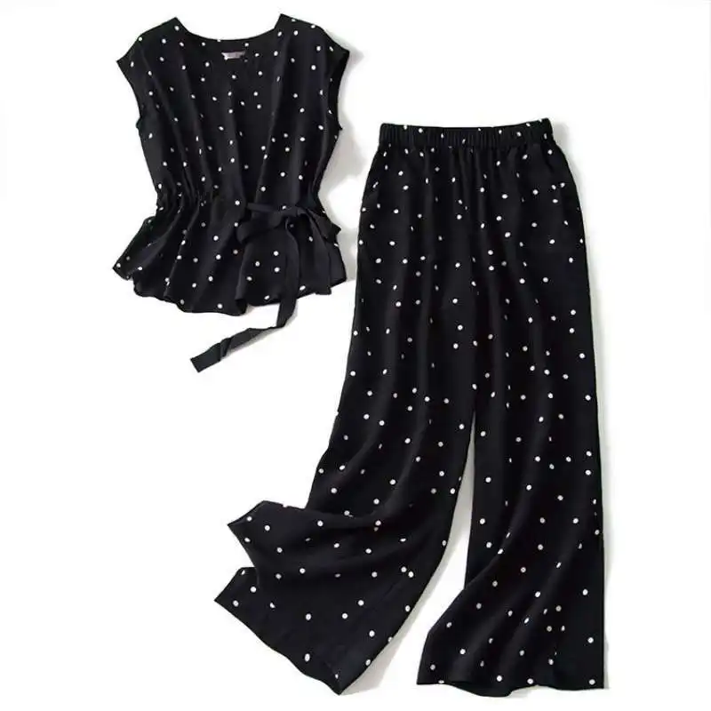 2022 Summer Korean Fashing Wide-leg Pants Light Top Polka Dot Chiffon Shirt And Trousers Two- piece Large Size Matching Suit