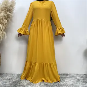 Gaun Maxi panjang untuk wanita, Gaun mode warna murni desain elegan warna kuning pinggiran besar polos bergaya Dubai