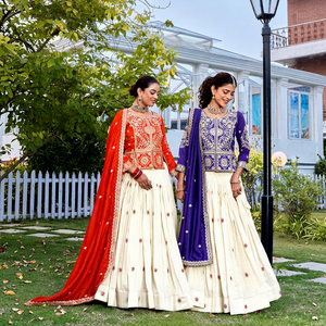 Conjunto de Lehenga Choli de diseñador indio con bordados elaborados para mujer, largo hasta el suelo, para bodas y fiestas, traje étnico de algodón con falda y dupatta. - Product Image 2