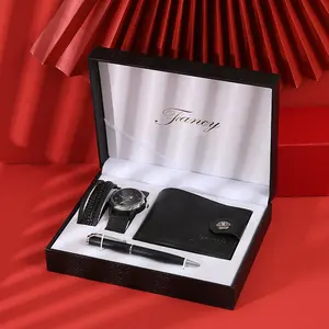新款设计创意时尚石英男士手表礼品套装4件钱包钢笔手镯男士手表套装