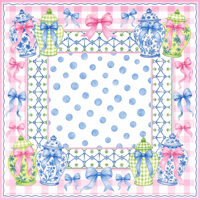 Alas Meja Permainan Mahjong Motif Kotak-kotak Pink Preppy dengan Hiasan Pita dan Motif Polkadot Biru