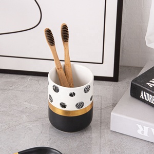 Black &amp; White Ceramic Bathroom Accessories Set Bathroom Soap Dispenser Set With Golden <strong>Trim</strong> - Product Image 3