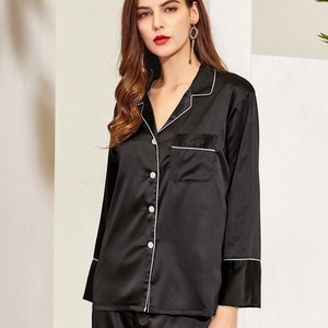 Ensemble de pyjama en satin Fung 6001 pour l'hiver, taille plus, avec haut à manches longues et pantalon long à la cheville, taille élastique, uni - Assorti - Product Image 3