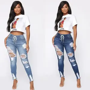 2024 Nova Moda Atacado Calças Rasgadas Streetwear Rasgado Design De Cintura Alta Mulheres Jeans Skinny