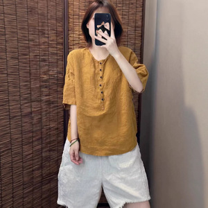 Cotton Linen Short Sleeve Shirt Women's Clothing Round Neck Loose Fit Solid Color Buttons Everyday Wear Ginger Yellow - Product Image 1