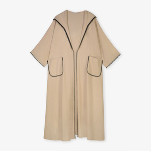 Custom Patch Pocket Kimono Coat Zipper Abaya Muslim <strong>Hooded</strong> Oversized Open Abaya With Lace Details - Product Image 2