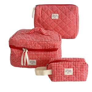 Bolsa de Maquillaje de Algodón a Cuadros Personalizada para Mujer, Estilo Coreano, Gran Capacidad, Bolsa de Cosméticos Acolchada, Bolsa de Almacenamiento de Artículos de Aseo para Viaje - Product Image 1