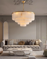 Lustre suspendu rond contemporain en marbre d'albâtre espagnol et laiton pour salon, plafonds hauts