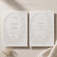 Carte d'invitation de mariage florale gaufrée à l'envers, papier tactile épais, gaufrage couronne de lauriers, rose, pivoine, noms personnalisés, impression de l'emplacement