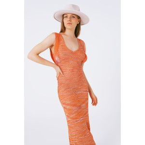 Abito Lungo Lavorato a Maglia con Volant sul Petto in Arancione Melange - Product Image 5