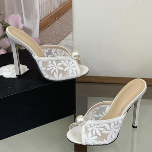 Flower Lace Upper Women on Sandals Dress Wedding Pearl Stiletto Party Shoes Thin High Heels Peep Toe Mules <b>Slides</b> - Product Image 6