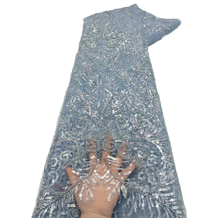 Pailletten Spitze Tüll Stoff für Mädchen Kleid machen Mode afrikanische Perlen bestickt gewebt 100% Polyester