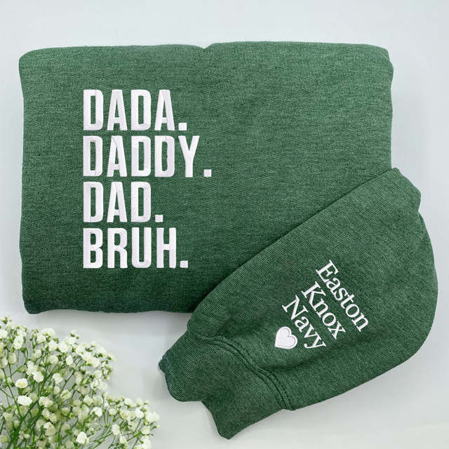 Dad Bear Embroidered Sweatshirt or Hoodie with Est Year Kids Names on Sleeve Solid Pattern Jersey Fabric Winter Season
