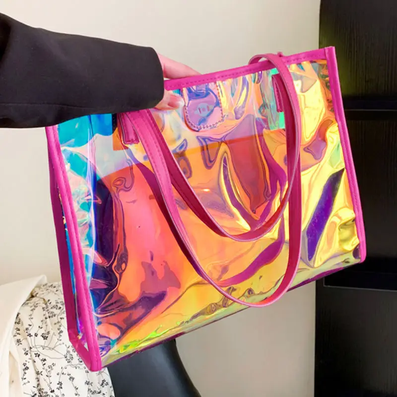 カスタムファッションショッピング透明クリアPVCPEホログラフィックトートバッグ布化粧品包装プラスチックショッピングバッグ