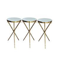 Table d'appoint haute en acier inoxydable doré avec plateau en verre et pieds en bambou