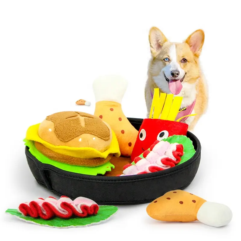 New Pet Sound Toy Hamburger Hot Dog Plate Hide Food Detachable Dog Clean Teeth Squeak Plush Toy