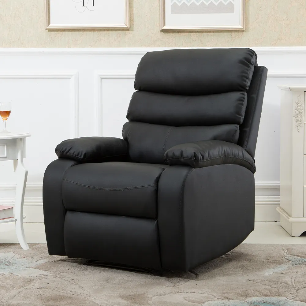 Fábrica de muebles para el hogar, venta al por mayor, silla de TV reclinable de cuero PU individual, silla reclinable manual negra