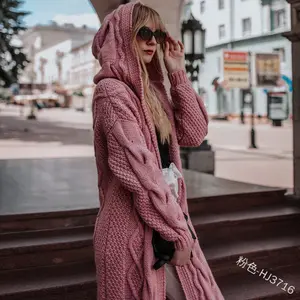 Kadın kazak gevşek tarzı rahat düz renk kapşonlu örme uzun hırka kazak ceket