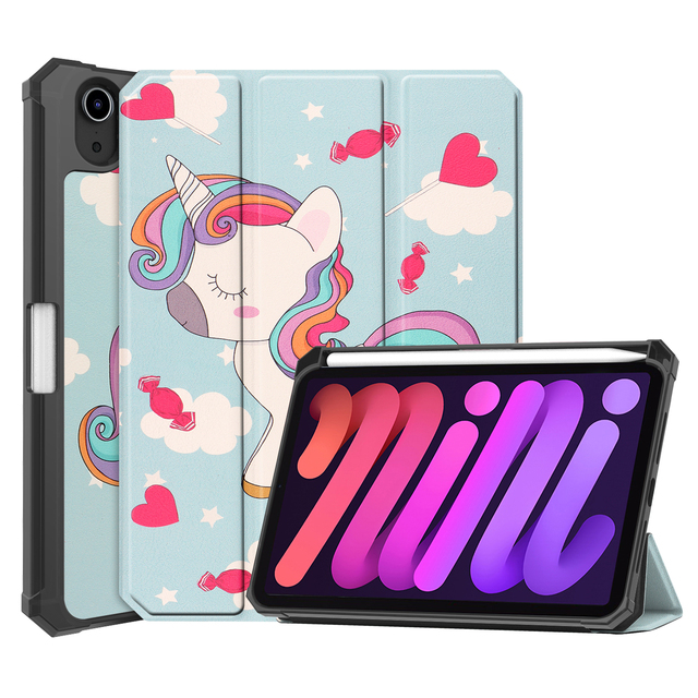 For iPad Mini6 2021 8.3 Simple Trifold Cartoon Painting High Quality Tablet Case with Pen Holder Folio Stand TPU Cover