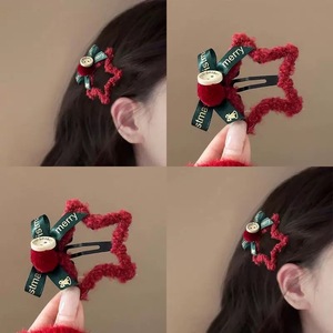 New Year's Red plush star hairpin <b>bow</b> bangs BB <b>clip</b> side broken hairpin hairpin Christmas headdress hair accessories - Product Image 5