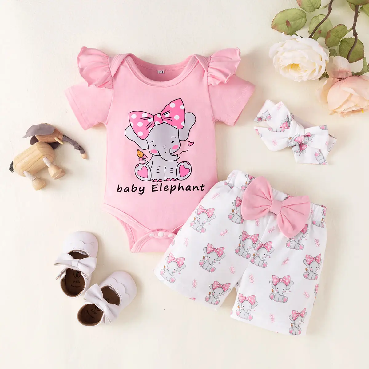 2022 New Born Baby Clothes Bodysuit Girl's Onesie Shorts Pink Bow Elephant Baby Rompers Sets