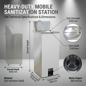 Lavamanos de Pedestal de Acero Inoxidable Autónomo con Bomba de Accionamiento por Pedal, Lavabo Manos Libres - Product Image 2