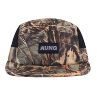 Casquette de sport 5 panneaux non structurée à visière plate, respirante, avec logo tissé personnalisé, motif camouflage arbre, pour activités de plein air et camping