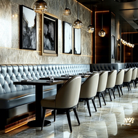 Mobilier commercial Ron Group pour hôtels et restaurants : Banquette en cuir capitonnée, table carrée en bois, chaise ergonomique