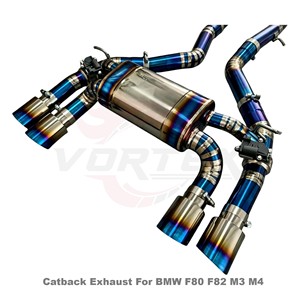 Sistema de escape Catback Vortex Luxury Titanium Valvetronic para F80 M3/F82 M4 S55 3.0L Twin Turbo con puntas cuádruples azules quemadas con corte en pie. - Product Image 4