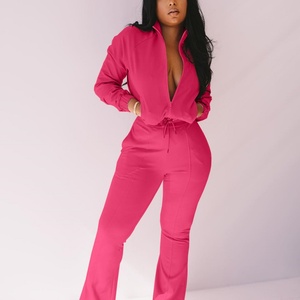 2025 Women's Casual Sports Tracksuit Set Solid Color Knitting Fabric Stand Collar Autumn Clothing - Product Image 2