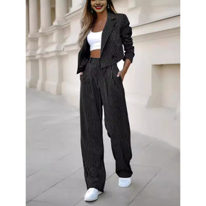Ensemble de costume rayé pour femme, blazer gris à fines rayures et pantalon large, tailles S M L XL XXL, tenue décontractée pour le bureau - Product Image 2