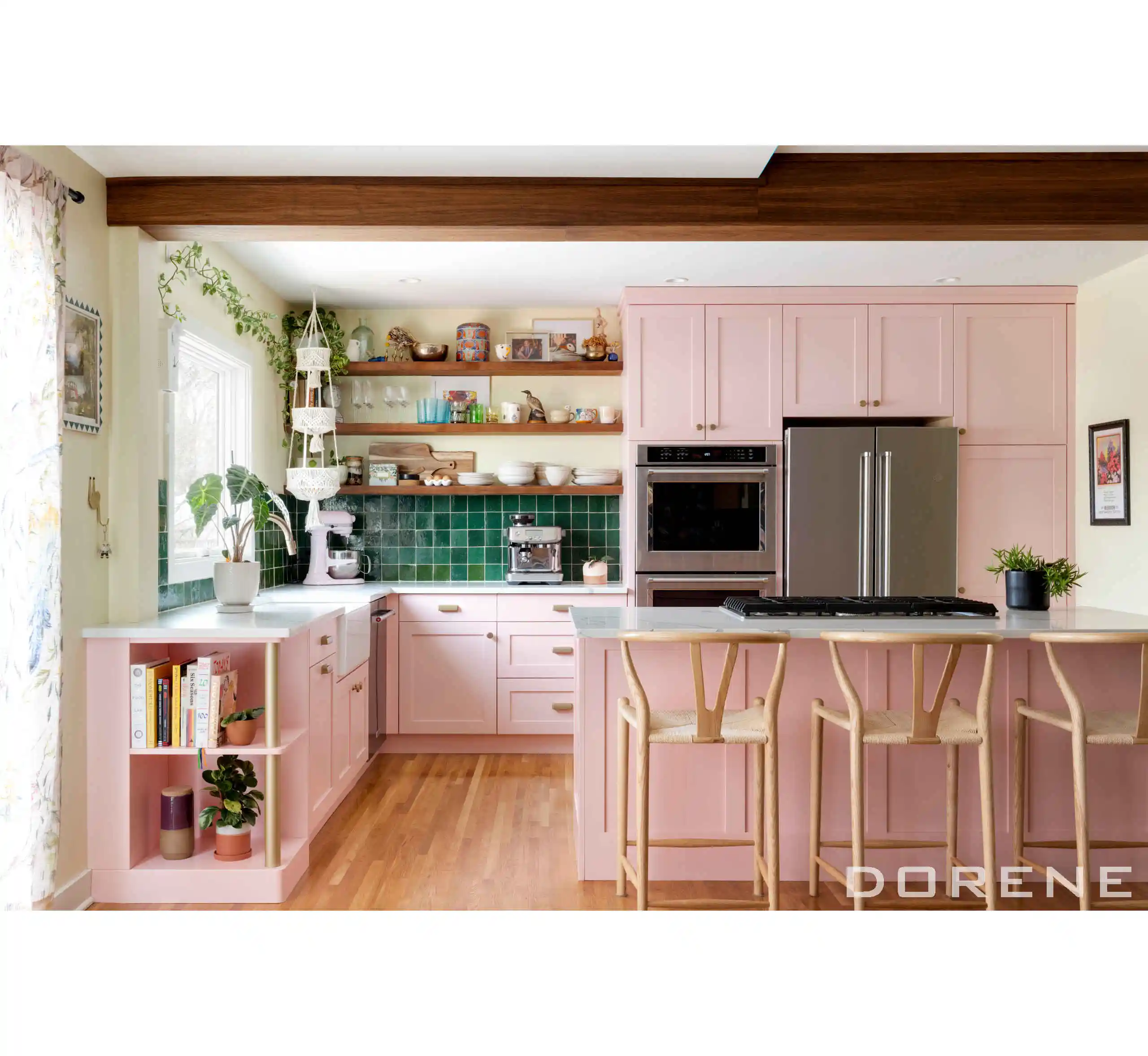 ตู้ครัวไม้สีชมพูพร้อมชุด2024ดีไซน์ทันสมัยกันความชื้นราคาประหยัด